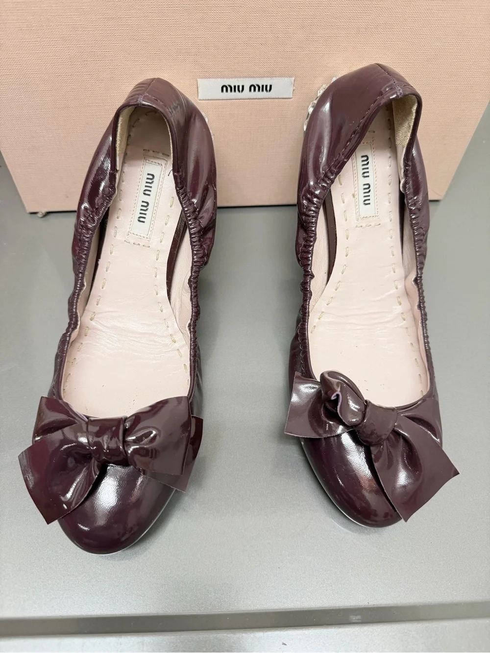 Miu Miu Patent Leather Bow Flats — Deep Burgundy